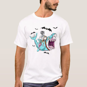 Skeleton Riding Zombie Shark Funny Halloween Gift T-Shirt