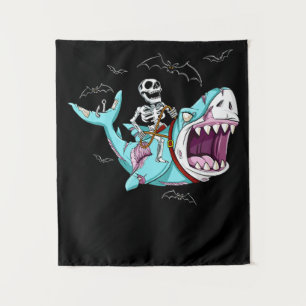 Skeleton Riding Zombie Shark Funny Halloween Gift Tapestry