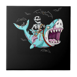 Skeleton Riding Zombie Shark Funny Halloween Gift Tile