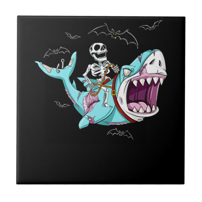 Skeleton Riding Zombie Shark Funny Halloween Gift Tile (Front)