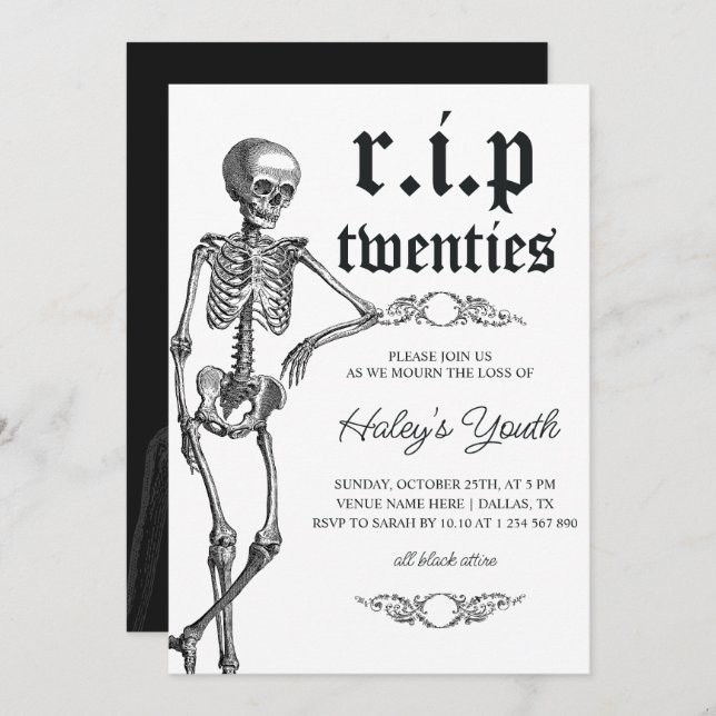 Skeleton RIP Twenties 20s Funny 30th Birthday Invitation (Front/Back)