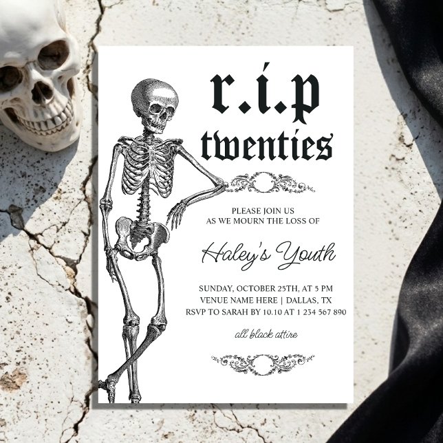 Skeleton RIP Twenties 20s Funny 30th Birthday Invitation (Creator Uploaded)