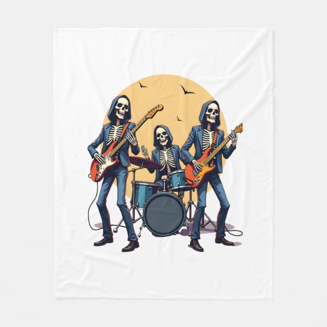 Skeleton Rock Band – Funny Halloween Shirt Fleece Blanket (Front)