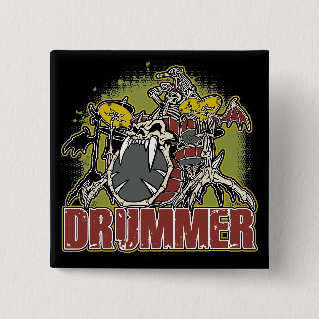 Skeleton Rock Drummer 15 Cm Square Badge (Front)