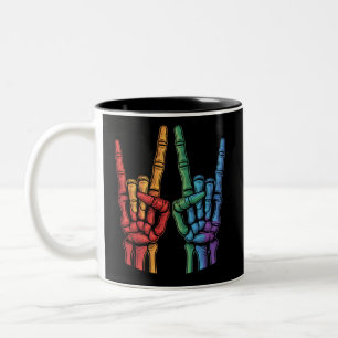 Skeleton Rock Hand LGBTQ Rainbow Flag Gay Pride Two-Tone Coffee Mug