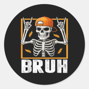 Skeleton Rock On Bruh Halloween For Mens Boys Kids Classic Round Sticker