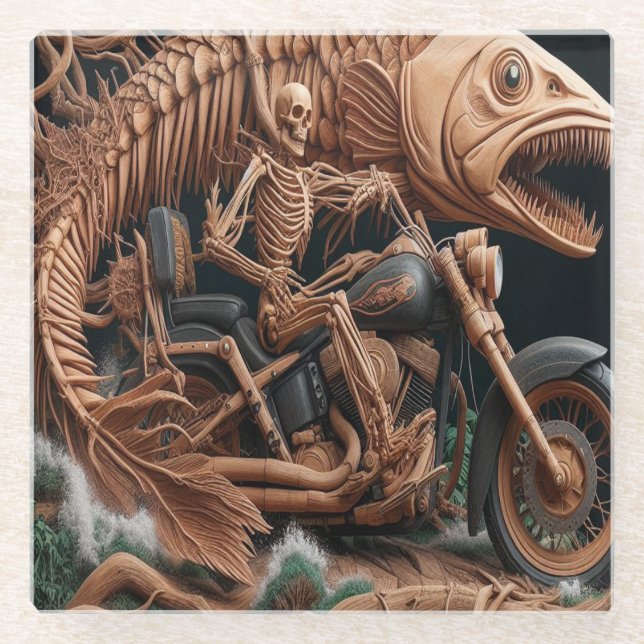 skeleton rode his chopper bike down trail glass coaster (Front)