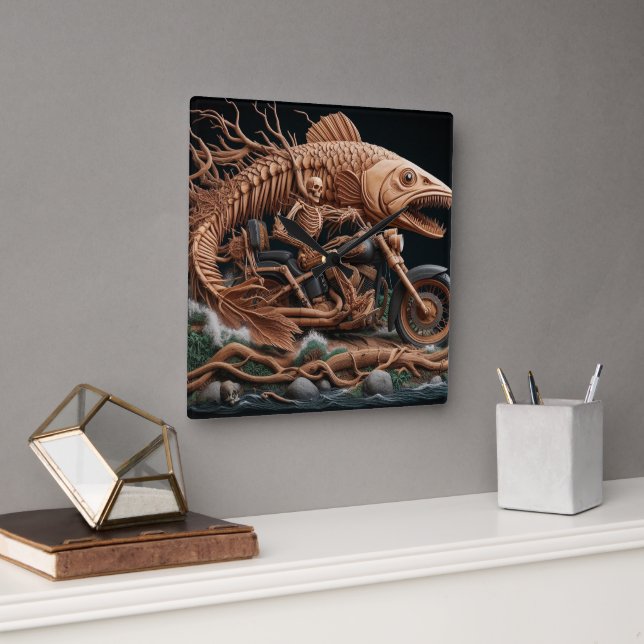 skeleton rode his chopper bike down trail square wall clock (Office)