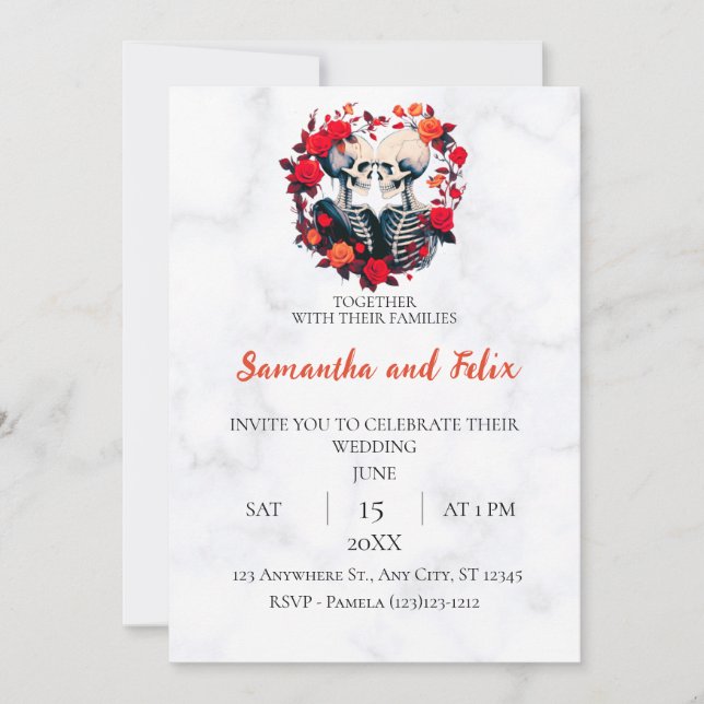 Skeleton Rose Circle Marble Wedding Invitation (Front)