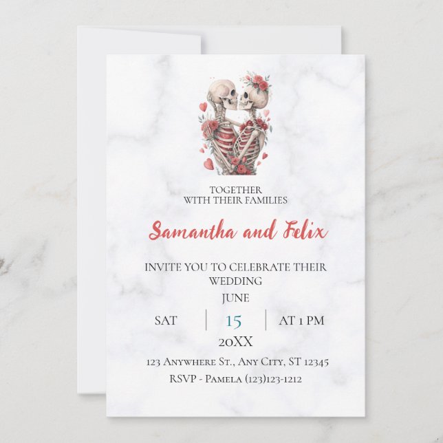 Skeleton Rose Embrace Marble Wedding Invitation (Front)