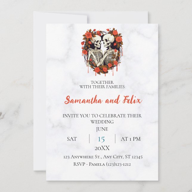 Skeleton Rose Heart Marble Wedding Invitation (Front)