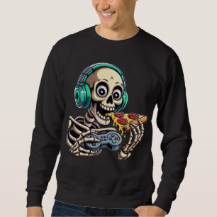 Skeleton’s Ultimate Cheat Day: Cheesy Pizza Gaming Sweatshirt