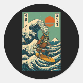 Skeleton Samurai Surfing Japanese Wave  Classic Round Sticker