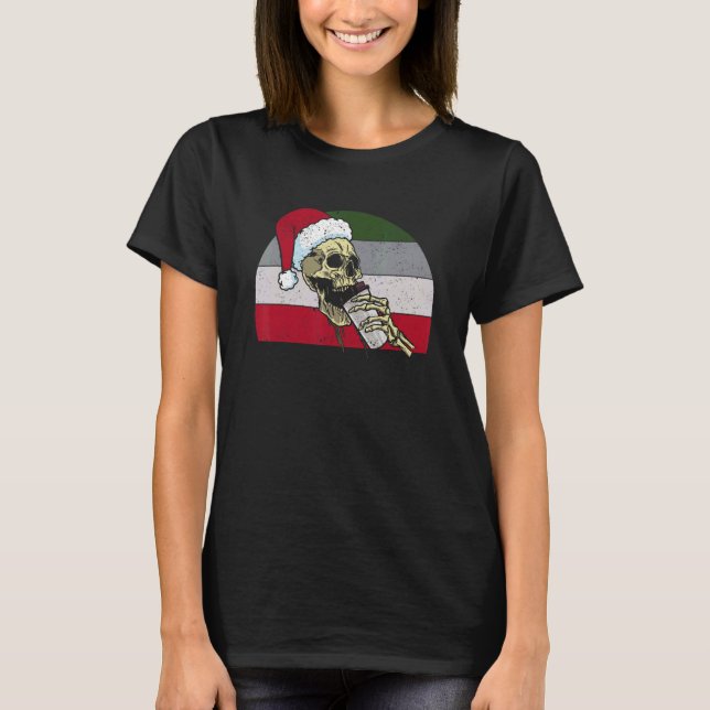 Skeleton Santa Claus Hat Drinking Coffee  Christma T-Shirt (Front)