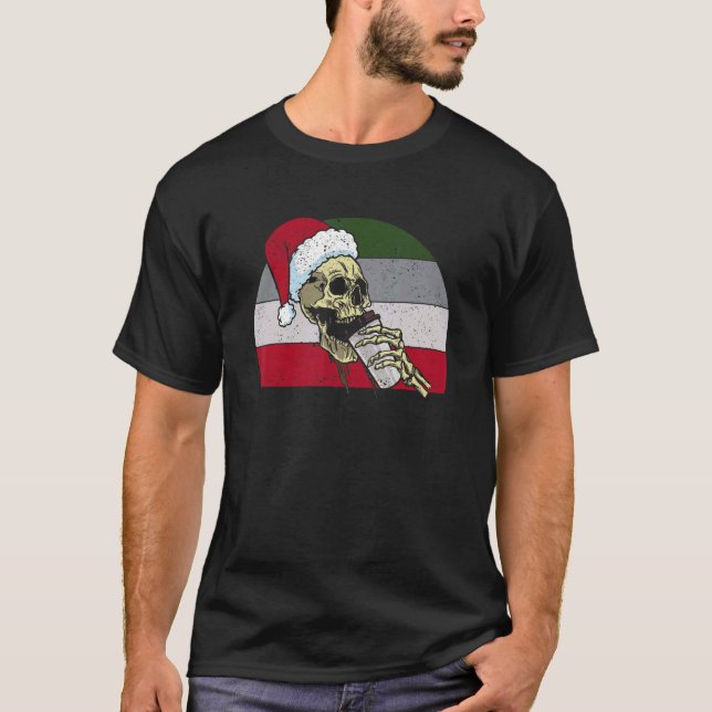 Skeleton Santa Claus Hat Drinking Coffee  Christma T-Shirt (Front)