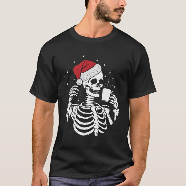 Skeleton Santa Hat Drinking Coffee Funny Christmas T-Shirt (Front)