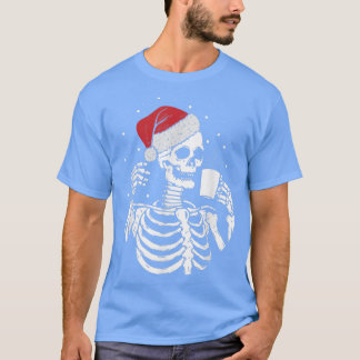 Skeleton Santa Hat Drinking Coffee Funny Christmas T-Shirt