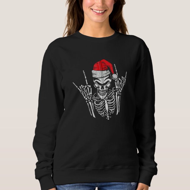 Skeleton Santa Hat Rock And Roll Hand Cool Christm Sweatshirt (Front)