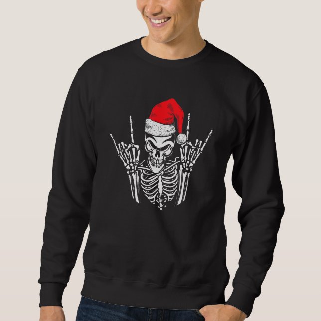 Skeleton Santa Hat Rock And Roll Hand Cool Christm Sweatshirt (Front)