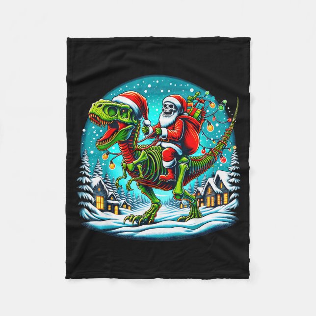 Skeleton Santa Riding T Rex Dinosaur Funny Christm Fleece Blanket (Front)