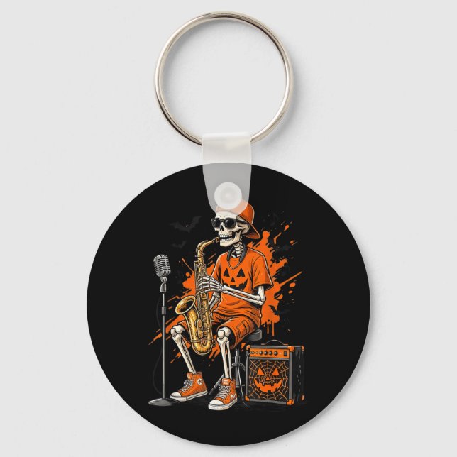 Skeleton Saxophone Halloween Funny Saxophonist Men Key Ring (Front)
