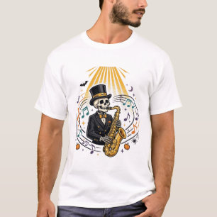 Skeleton Saxophone Jazz Night Halloween Art T-Shirt