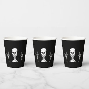 Skeleton signs ILY ("I love you") in ASL.  Paper Cups