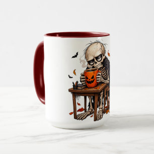 Skeleton Sipping Pumpkin Mug Halloween