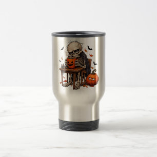 Skeleton Sipping Pumpkin Mug Halloween