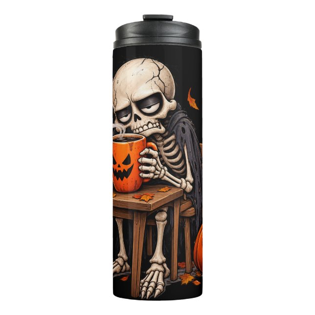 Skeleton Sipping Pumpkin Mug Halloween (Front)