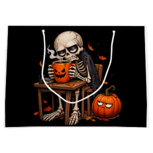 Skeleton Sipping Pumpkin Mug Halloween Large Gift Bag