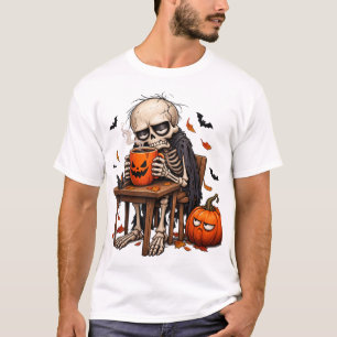 Skeleton Sipping Pumpkin Mug Halloween T-Shirt
