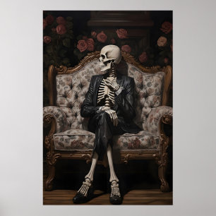 Skeleton sitting on sofa print, victorian floral poster