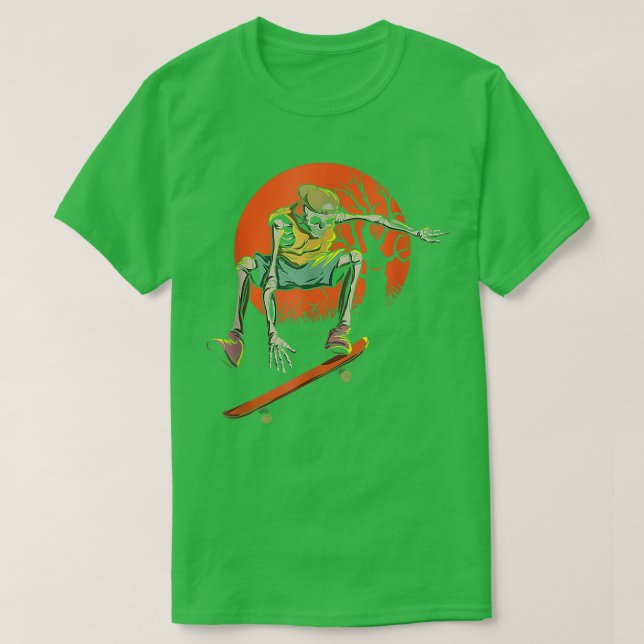 Skeleton Skater In Halloween With Skateboard  T-Shirt (Design Front)