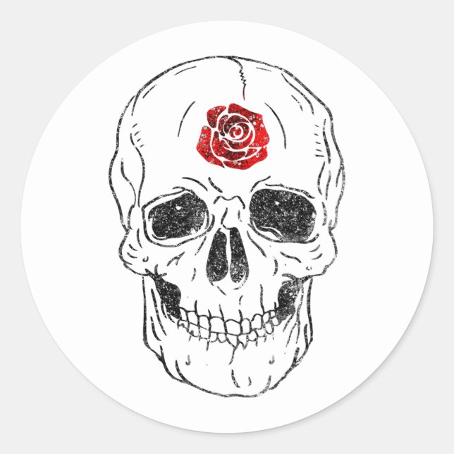 Skeleton Skull Bones Black & Red Rose Glitter Glam Classic Round Sticker (Front)