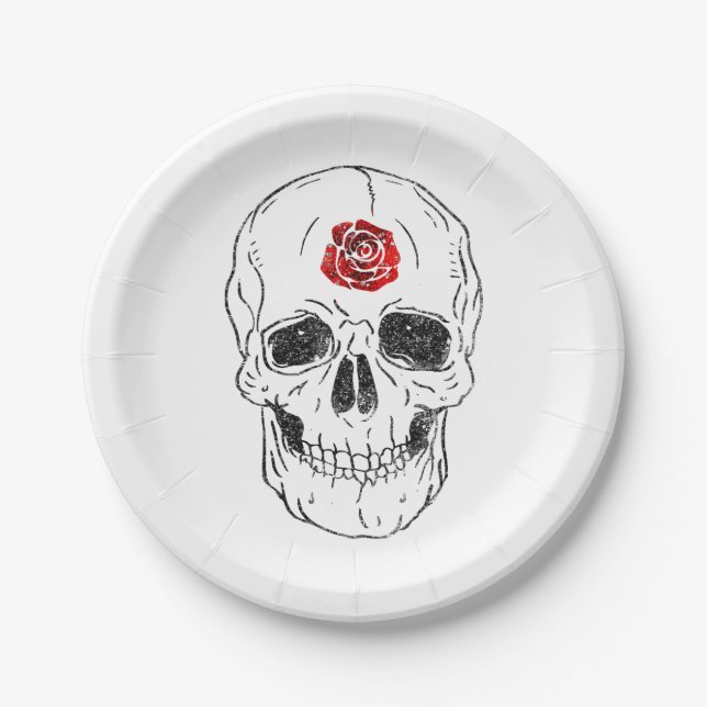 Skeleton Skull Bones Black & Red Rose Glitter Glam Paper Plate (Front)