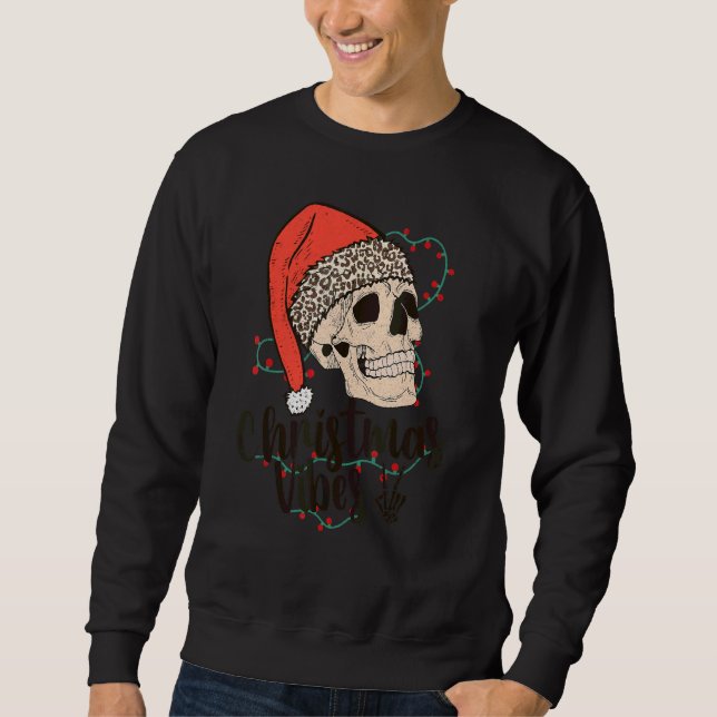 Skeleton Skull Christmas Vibes Leopard Santa Hat X Sweatshirt (Front)