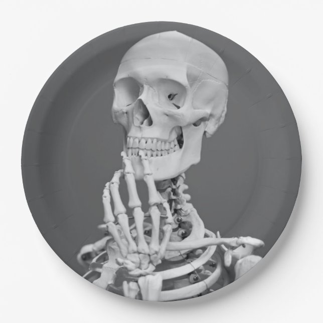 Skeleton Skull Halloween Black and White Grey Paper Plate (Front)