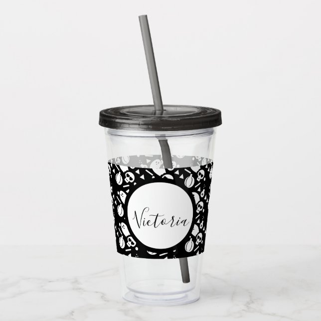 Skeleton Skull Pumpkin Script Monogrammed Acrylic  Tumbler (Left)