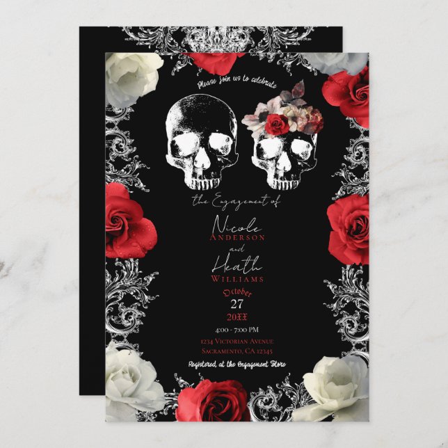 Skeleton Skull Red Roses Gothic Engagement Party   Invitation (Front/Back)
