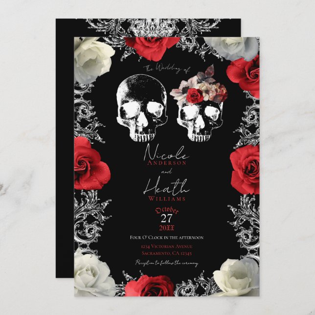 Skeleton Skull Red White Roses Gothic Wedding Invitation (Front/Back)