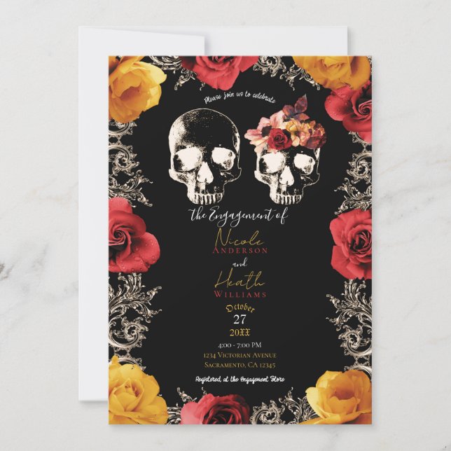 Skeleton Skull Red Yellow Fall Floral Engagement  Invitation (Front)