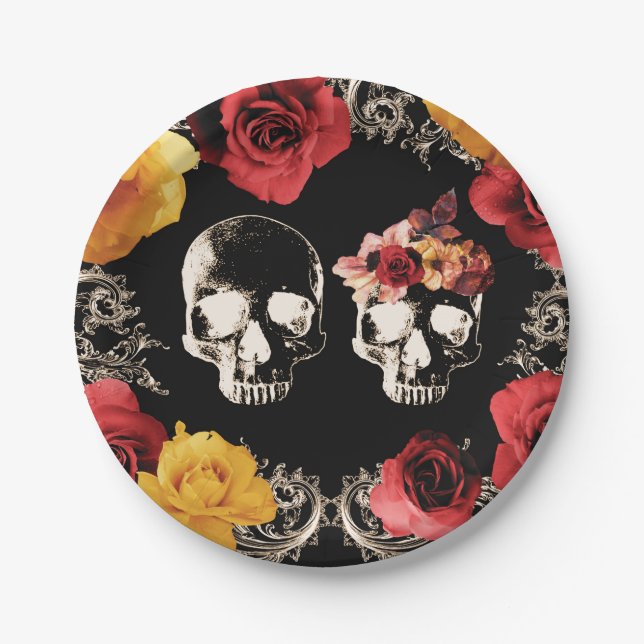 Skeleton Skull Red Yellow Fall Floral Wedding   Paper Plate (Front)