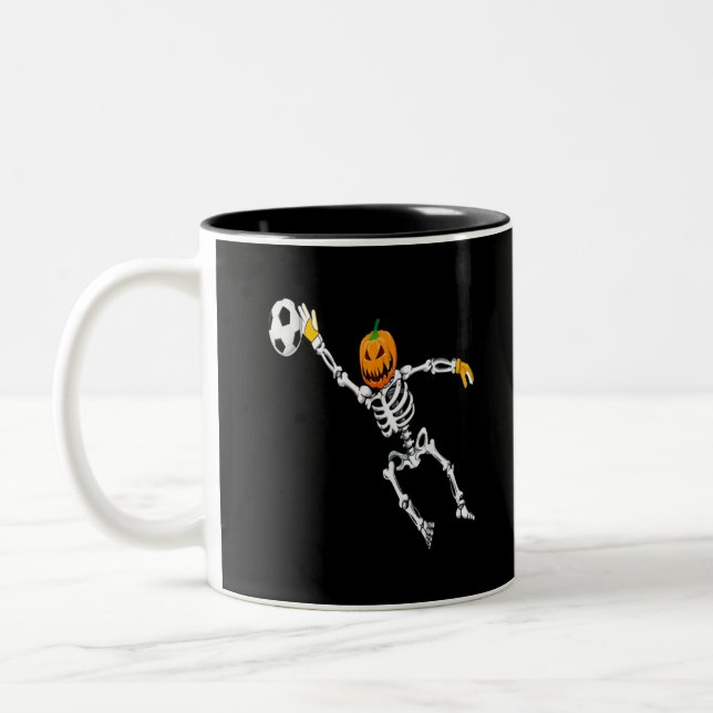 Skeleton soccer goalkeeper halloween pumpkin Two-Tone coffee mug (Left)