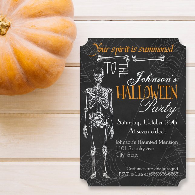 Skeleton Spider Web Spirit Halloween Party Invitation (Invite your friends spirits to your spooky Halloween party with this black charcoal skeleton design.)