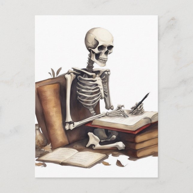 Skeleton Still Writing the Novel Postcard (Front)