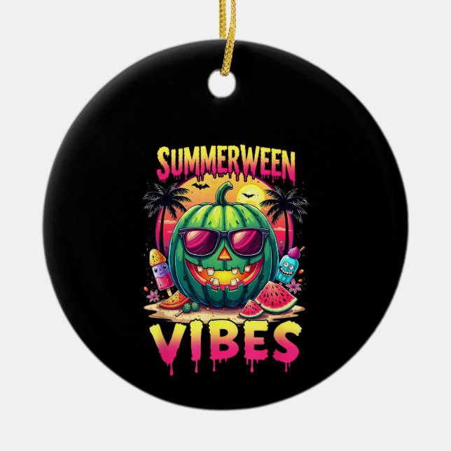 Skeleton Summer Summerween Vibes Watermelon Jack-O Ceramic Tree Decoration (Front)