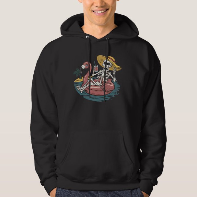Skeleton Summer Vacation Flamingo Float Tropical B Hoodie (Front)