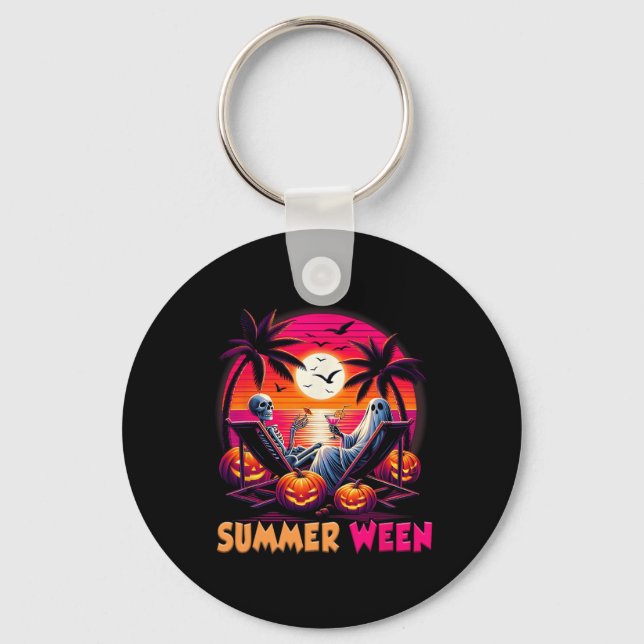 Skeleton Summer-ween Beach Halloween Vibe Sunset P Key Ring (Front)