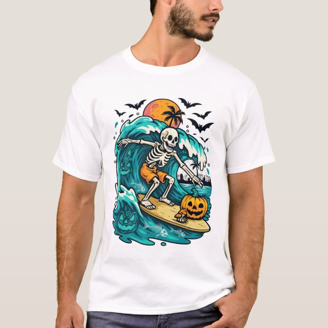 Skeleton Surfer Pumpkin Wave Bats Full Moon T-Shirt (Front)
